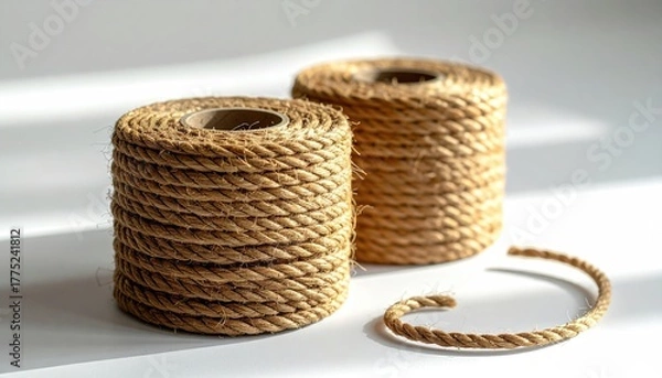 Fototapeta Two Spools of Natural Jute Twine Sit on a White Surface with Natural Light Casting Long Shadows Across the Scene