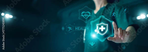 Fototapeta Healthcare and medical, Doctor working in hospital and Medical technology service to solve people health, healthy lifestyle and people exercising.