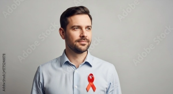 Fototapeta A hopeful-looking man with a beard, wearing a red awareness ribbon on his shirt for HIV/AIDS support.