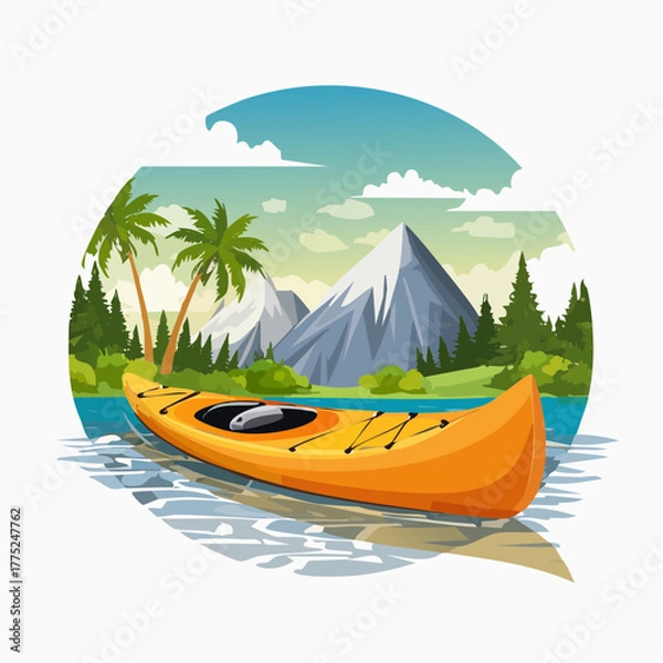 Obraz Orange kayak on a serene lake with majestic mountains, lush trees, and clear skies in a vibrant illustration.