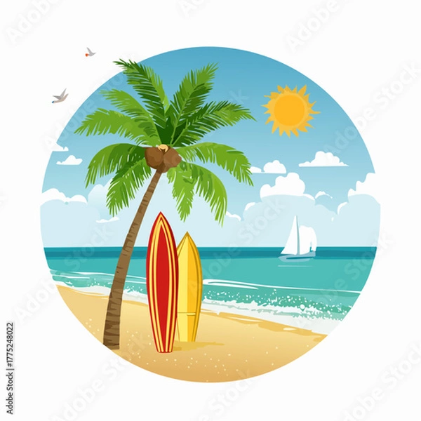 Fototapeta Vibrant tropical beach scene with a palm tree, two surfboards, blue ocean, a distant sailboat, and birds under a bright sunny sky.