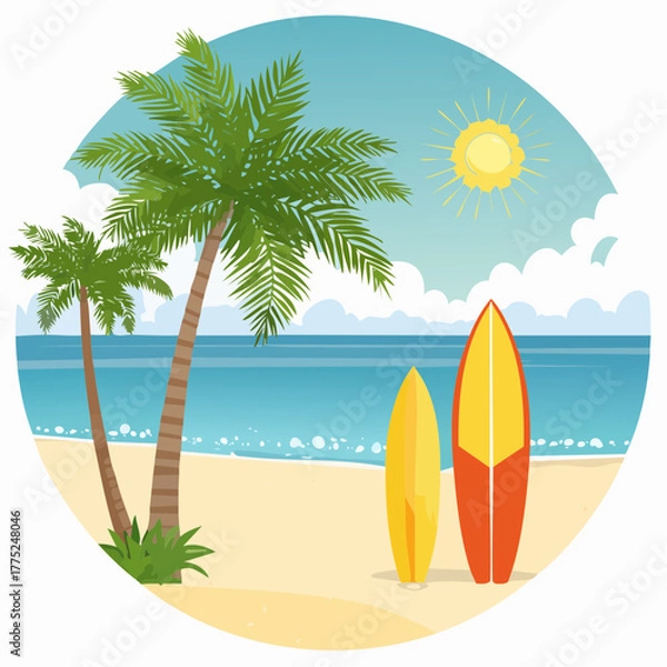 Fototapeta Vibrant cartoon illustration of a tropical beach scene with two surfboards standing on the sand, palm trees, blue ocean, and a bright sun in the sky.