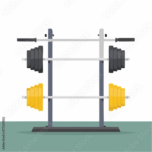 Fototapeta Illustration of a weight rack holding two barbells with black and yellow weight plates, ready for strength training in a gym.