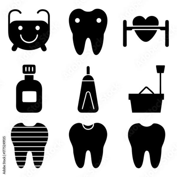 Obraz Oral Health and Hygiene Icons — Tooth, Floss, Smile, Dentist Chair.