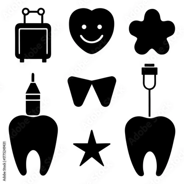 Obraz Tooth, Floss, Dentist Chair, and Smile Icon on White Background.