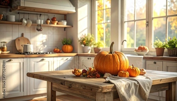 Fototapeta Warm Sunlight Illuminates Cozy Autumn Kitchen Displaying Large Pumpkin And Small Gourds On Rustic Wooden Table With White Cabinets And Shelves