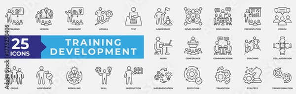 Obraz Training Development icon collection set. Containing development, learning, workshop, coach, mentor, curriculum, seminar icon. Simple line vector illustration.