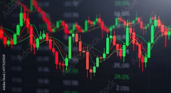 Obraz Closeup of a stock market chart with red and green candlesticks indicating price fluctuations, reflecting investment trends and financial analysis in trading