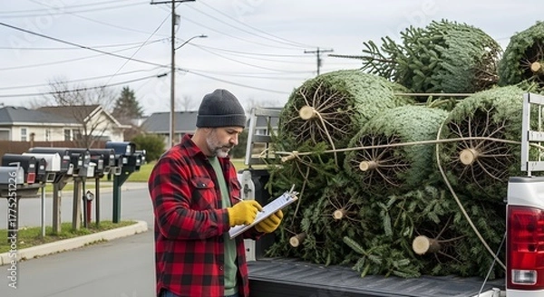 Fototapeta Hardworking man in a beanie and plaid shirt diligently reviews a clipboard, managing the inventory of bundled evergreen trees in his pickup truck for seasonal sales