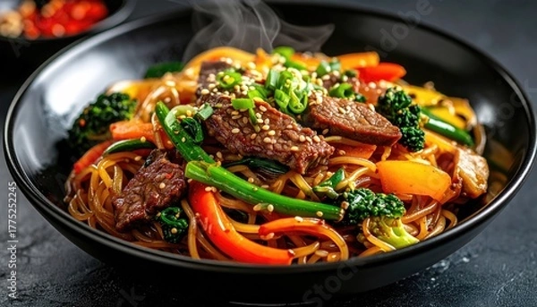 Fototapeta Steaming Beef and Vegetable Stir Fry Noodles in a Black Bowl with Sesame Seeds and Scallions