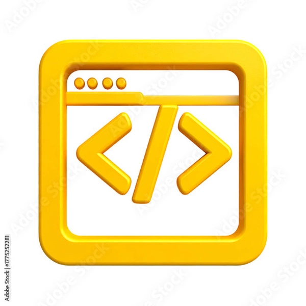 Fototapeta Shiny golden square icon depicts a browser window and code symbols