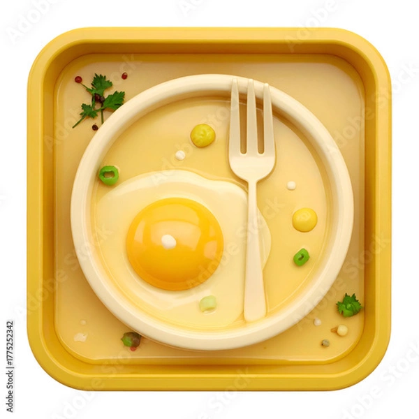 Fototapeta Stylized 3D rendering of a breakfast plate with egg, fork, and seasonings