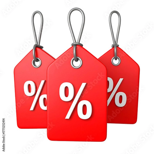Fototapeta Three red sale tags with white percentage signs, hanging by shiny silver loops
