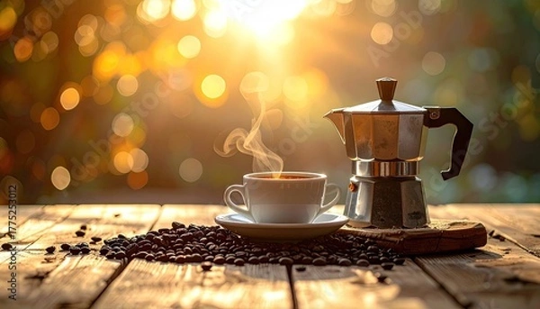 Fototapeta Steaming hot coffee in a white cup next to a moka pot and scattered coffee beans on a rustic wooden surface with a bright sunlit blurred background of greenery and bokeh lights