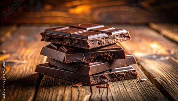 Fototapeta Stack of Dark Chocolate Bars on Rustic Wooden Surface with Warm Lighting