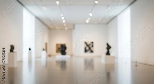 Fototapeta Art Gallery's Ambiance: An artistic gallery, bathed in soft light, features modern art and sculptures. This photo is a perfect fit for decor and promotion.