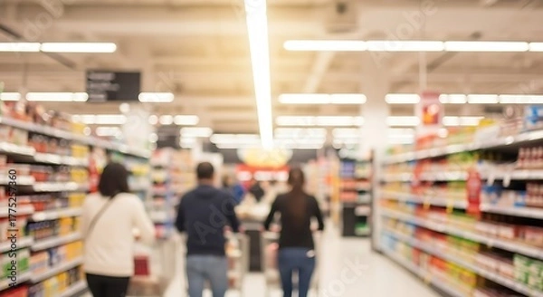 Fototapeta Blurred Supermarket Scene: Capturing the energy of shopping, shoppers navigate aisles filled with products. It reflects a busy day in a retail setting.