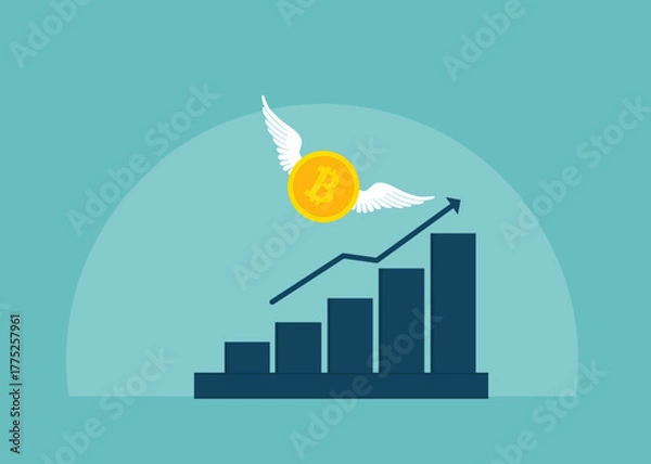 Obraz Crypto market growth illustration with a winged digital coin soaring above an ascending bar chart, symbolizing investment rise.