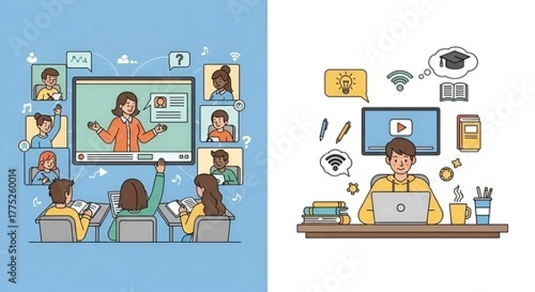Fototapeta Illustration showing online learning setup with teacher and students in virtual classroom and home study