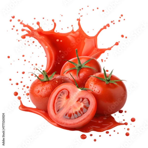 Obraz Fresh Tomatoes with Dynamic Juice Splash Isolated on Black on transparent background