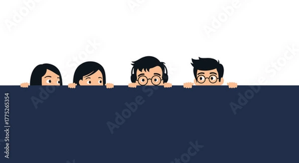 Fototapeta Four diverse cartoon characters peeking over a dark blue board with white background appear.