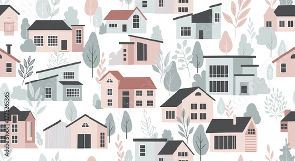 Fototapeta Seamless pattern of cute pastel houses and green trees creating a cozy and modern neighborhood illustration on a white background.