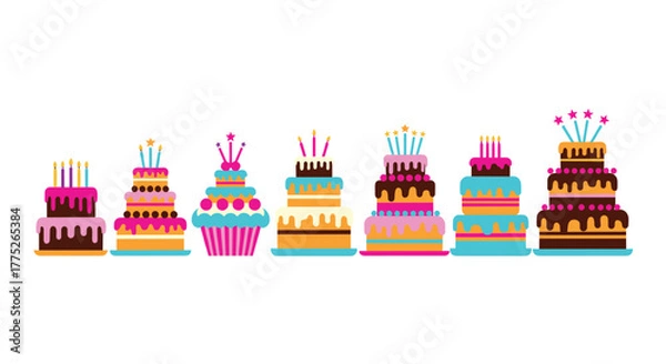 Fototapeta A colorful row of birthday cakes with various designs, toppings, and candles creates a festive and celebratory arrangement on a white background.