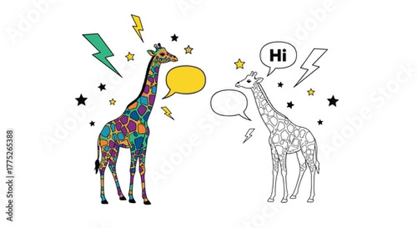Fototapeta Two giraffes in a conversation, one colorful and one outlined, surrounded by stars and lightning bolts.