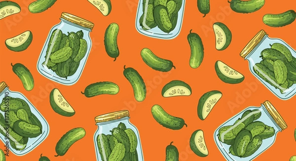 Fototapeta Seamless pattern illustration of green pickles and jars of pickles on an orange background evokes a tangy and briny summer flavor.