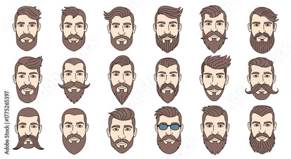 Fototapeta Stylish men's face portraits with various beard and hairstyle designs on white background, vector illustration set.