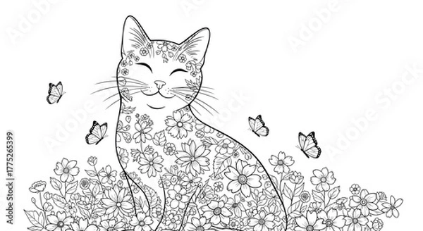 Fototapeta A detailed, floral-covered cat surrounded by butterflies and flowers, a relaxing coloring page scene.