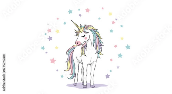 Fototapeta A whimsical illustration of a white unicorn surrounded by pastel-colored stars, perfect for children's designs and fantasy themes.