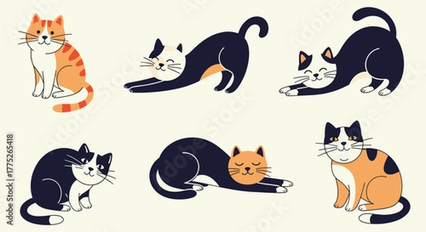 Fototapeta A cartoonish illustration showcases a collection of six charming and diverse cats in various poses, set against a neutral backdrop.