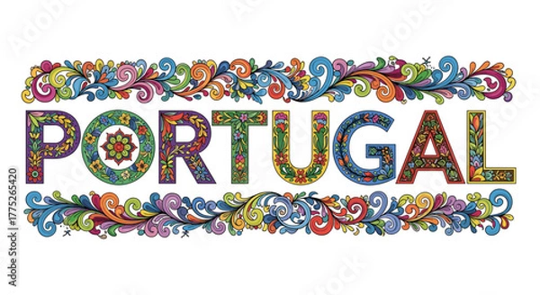 Fototapeta Vibrant and intricately detailed illustration of 'PORTUGAL' in decorative floral lettering, framed by colorful traditional scrolling borders.