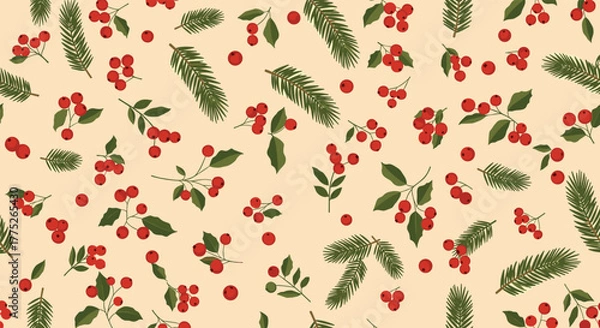 Fototapeta Festive pattern featuring scattered red berries, leaves, and evergreen boughs on a neutral background, perfect for holiday designs.