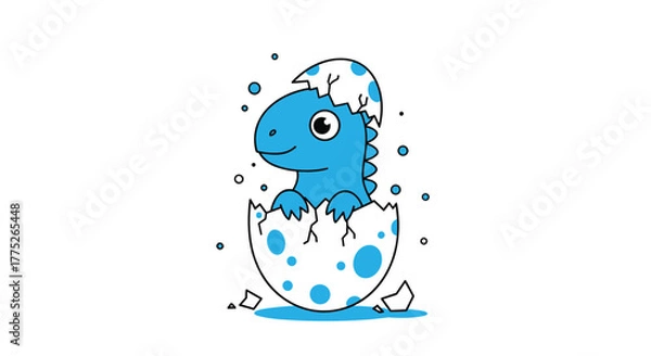 Fototapeta A cute blue dinosaur hatching from a white egg, with blue spots, on a white background, symbolizing new life and childhood.