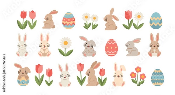 Fototapeta Easter-themed illustrations of bunnies, eggs, and flowers in a repeating pattern.