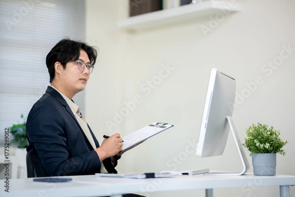 Obraz Male office worker checking documents on computer desk in office