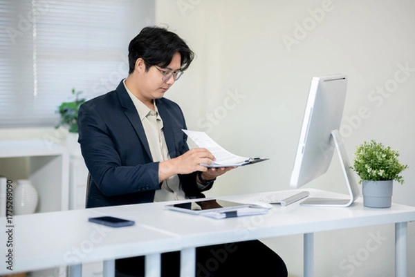 Obraz Male office worker checking documents on computer desk in office