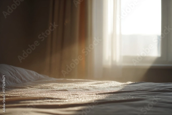 Fototapeta morning light filters softly through window casting gentle glow on freshly made bedding