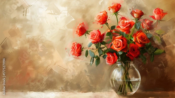 Fototapeta Vase of red roses on table with textured background and copy space