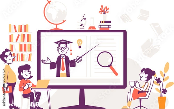 Obraz Teacher on Video Call with Students Studying at Home, E-learning, Virtual Class.