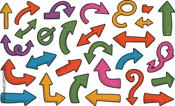 Fototapeta Colorful hand drawn arrows pointing in various directions and shapes