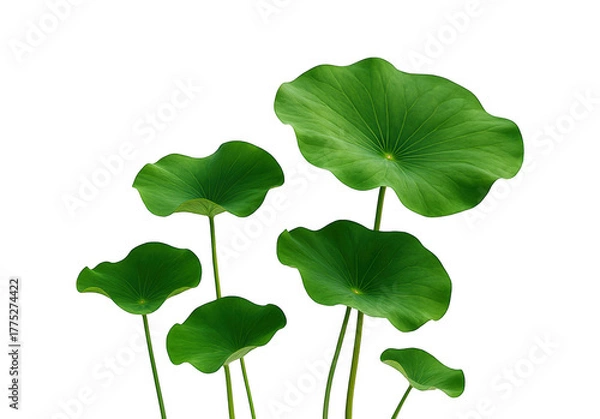 Obraz Vibrant green lotus leaves with ruffled edges emerge from dark water against a stark black background