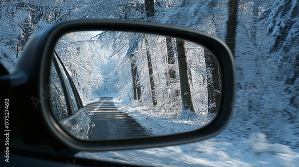 Obraz A charming winter scene unfolds in the side mirror, reflecting a snow-covered road surrounded by tall, frosted trees. The cold air hints at a peaceful drive through the serene landscape