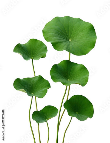 Obraz Close up of vibrant green lotus leaves emerging from water against a stark black background with delicate stems