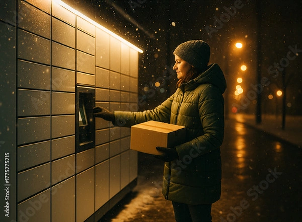 Obraz Woman using touch screen parcel locker in snowy night street. Online shopping and fast delivery concept.