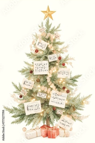Fototapeta Decorative Christmas tree with musical scores and wrapped gifts for a festive holiday celebration
