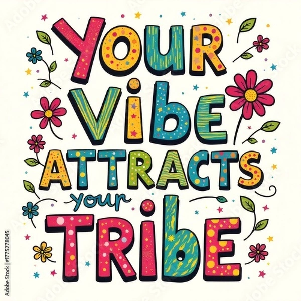 Fototapeta Bright and colorful design with the phrase “Your vibe attracts tribe” surrounded by flowers