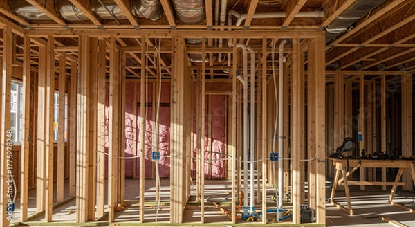 Fototapeta Interior shot of a residential home under construction Visible wooden framing, exposed insulation, and utility lines. Natural light highlights the structural bones of the house. In-progress, infrastru